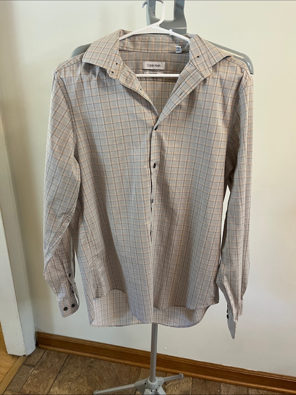 EUC Calvin Klein Men's Light Beige, Gray, Orange Plaid Button-Up Shirt